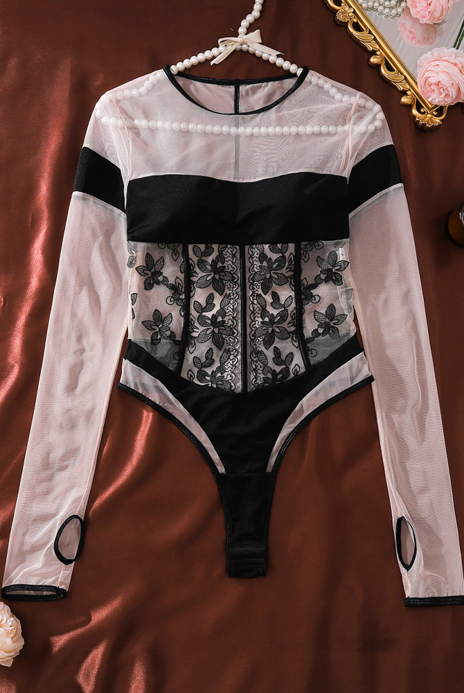Sheer lace long-sleeve bodysuit with floral lace panel, black cutout sides, pearl-trim straps