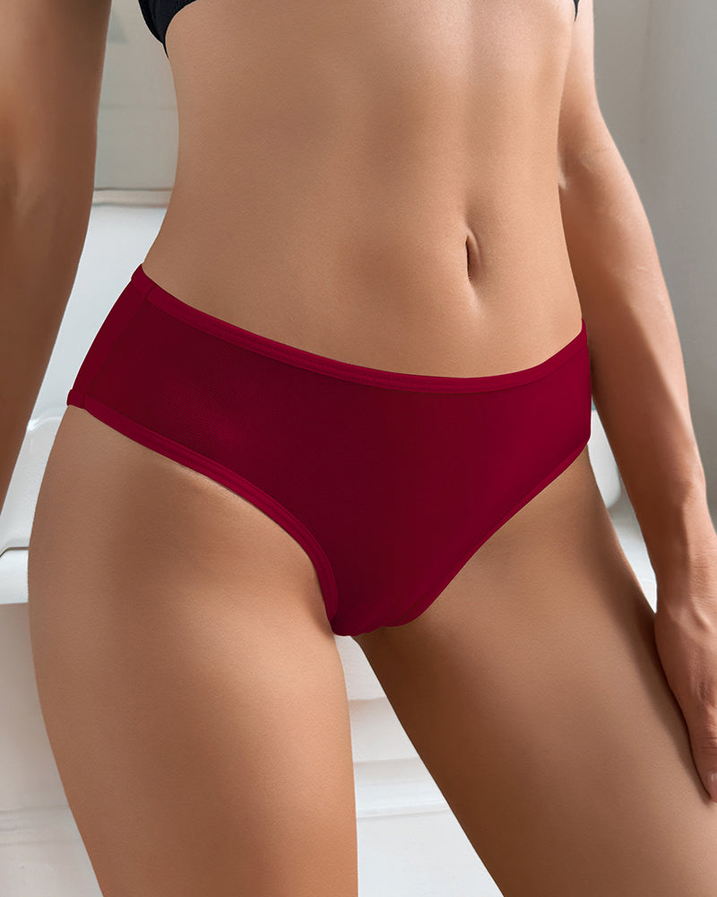 Wine red sheer mesh high-cut panties with contrasting trim