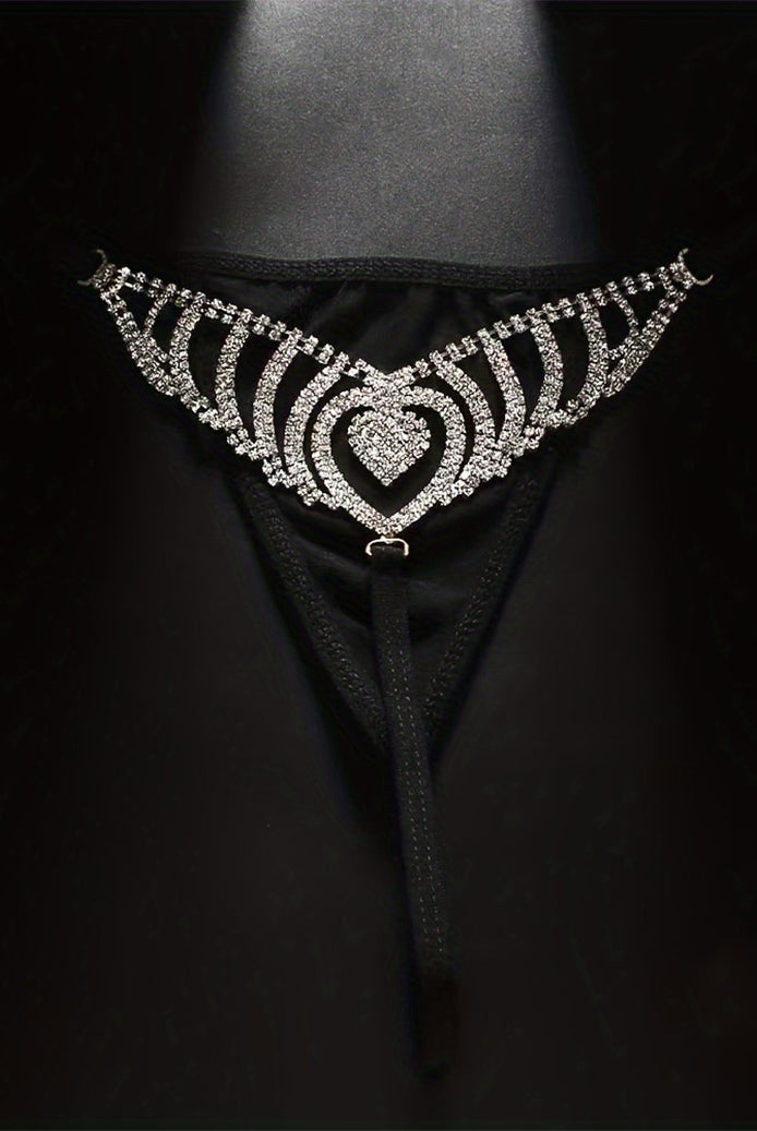 Black rhinestone heart waist chain thong G-string with sparkling crystal belly detail