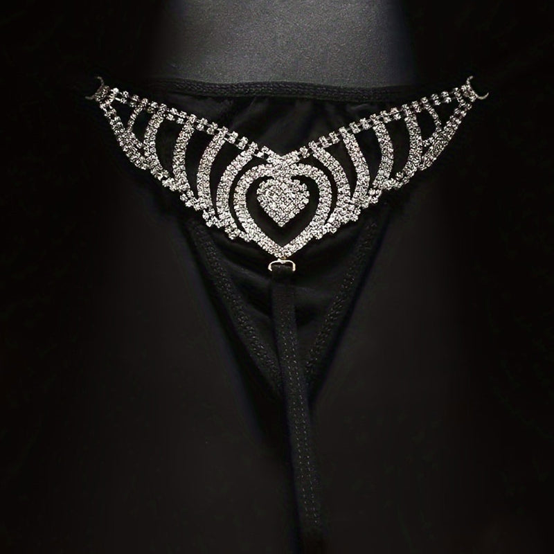 Black rhinestone heart waist chain thong G-string with sparkling crystal belly detail