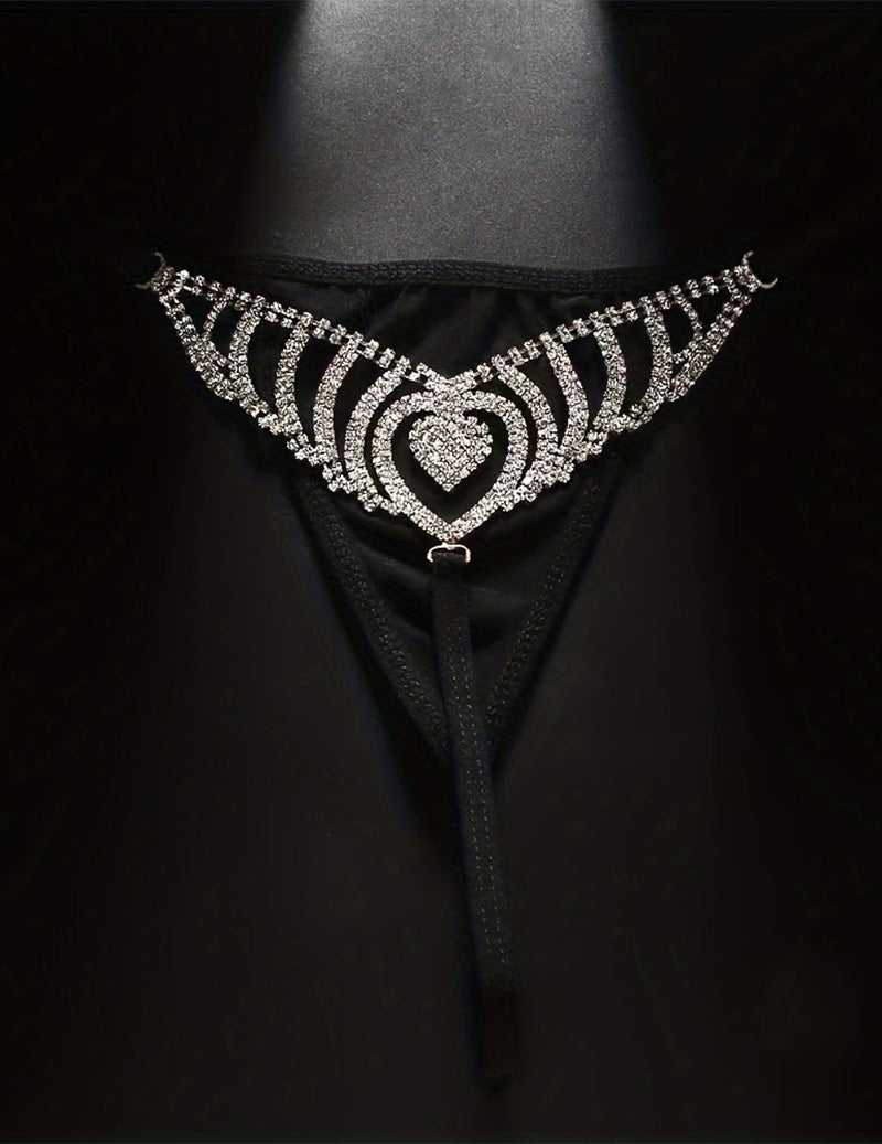 Black rhinestone heart waist chain thong G-string with sparkling crystal belly detail