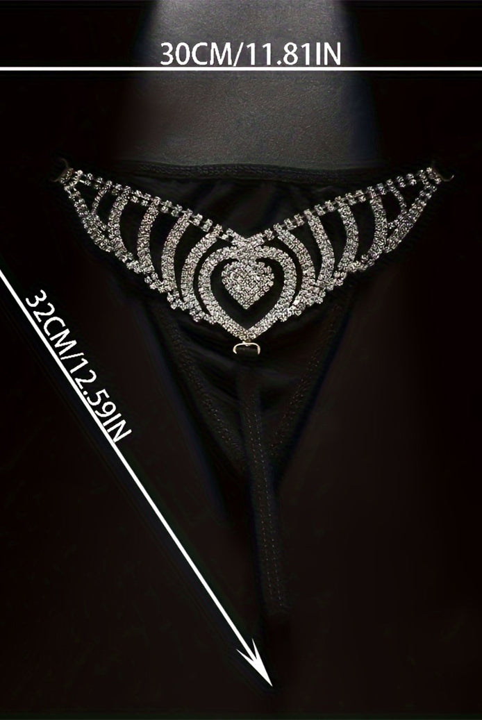 Black rhinestone waist chain thong with heart centerpiece and side sparkle rows