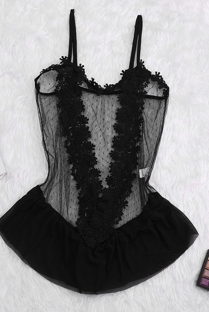 Black sheer lace teddy with floral pattern, spaghetti straps, ruffle hem