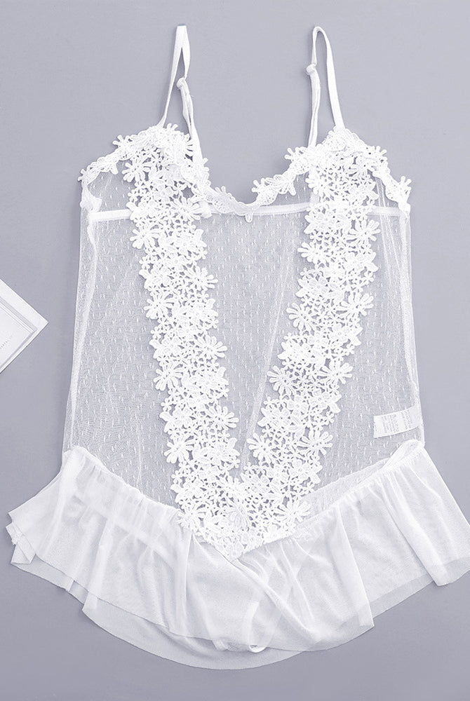 White sheer lace teddy with floral lace panels and ruffle hem, spaghetti straps
