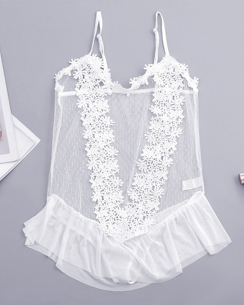 White sheer lace teddy with floral lace panels and ruffle hem, spaghetti straps