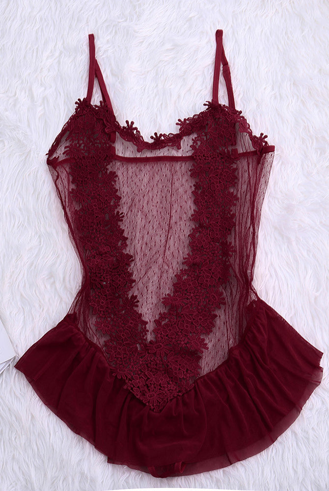 Wine red sheer lace teddy with floral pattern, spaghetti straps, ruffle hem