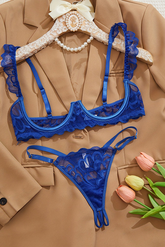 Cupless lace bra and crotchless thong set in blue lace with scalloped ruffle trim