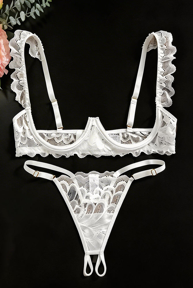 White lace cupless bra and crotchless thong set with scalloped ruffle trim