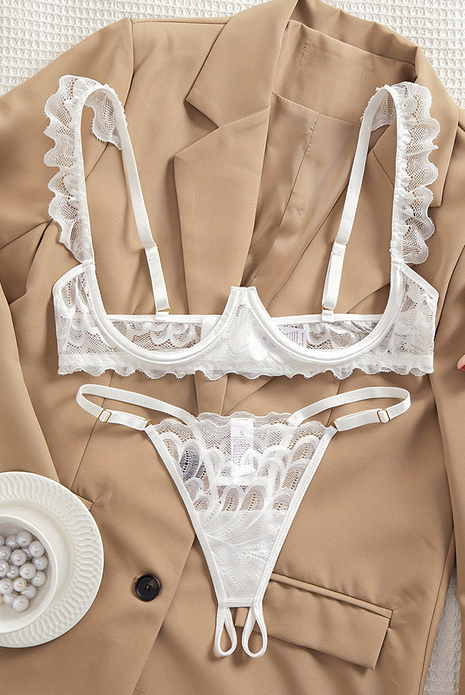 Cupless lace bra and crotchless thong set in white lace with scalloped ruffle straps