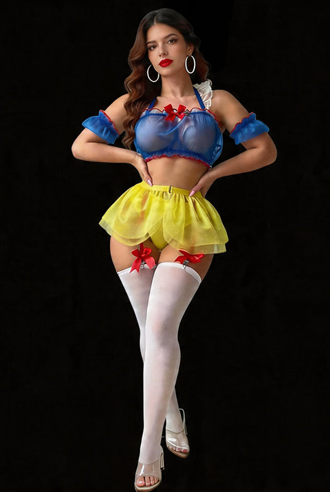 Blue sheer lingerie set with halter bra, ruffled sleeves, tutu skirt, white stockings