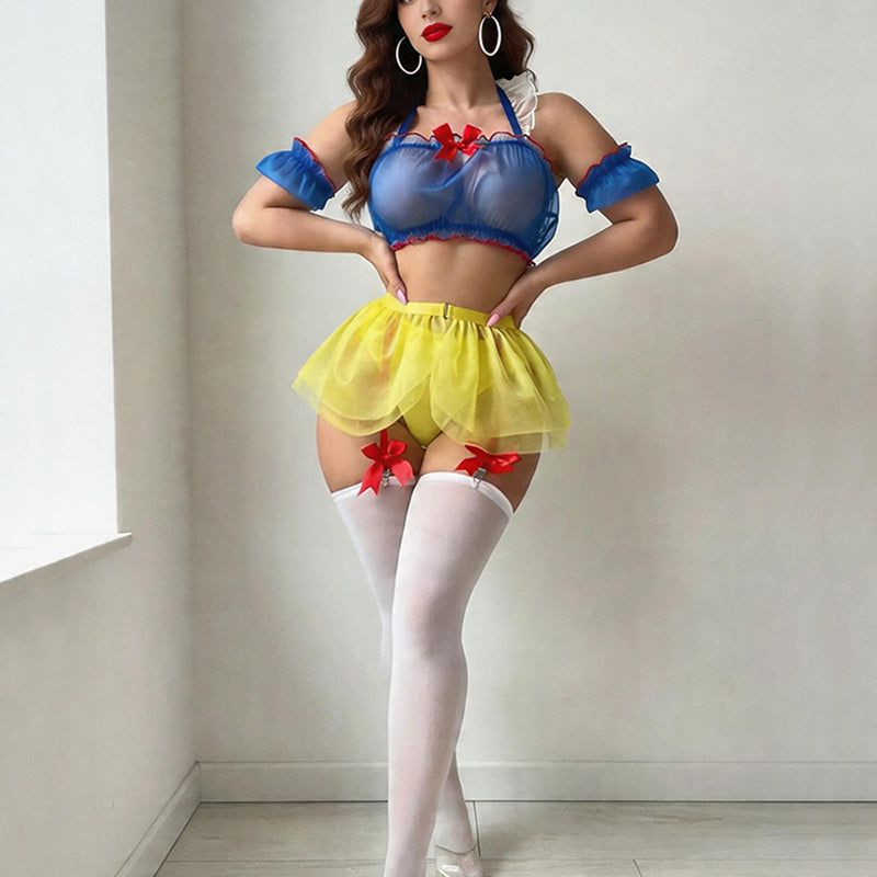 Blue sheer halter bra with ruffled sleeves, tutu skirt, stockings, red bow accents