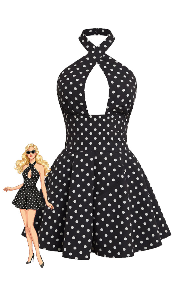 Black polka dot halter mini dress with front keyhole cutout and flared skirt