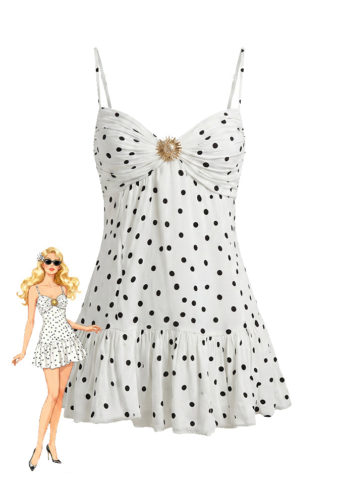 White polka dot halter mini dress with ruched bust and ruffled skirt