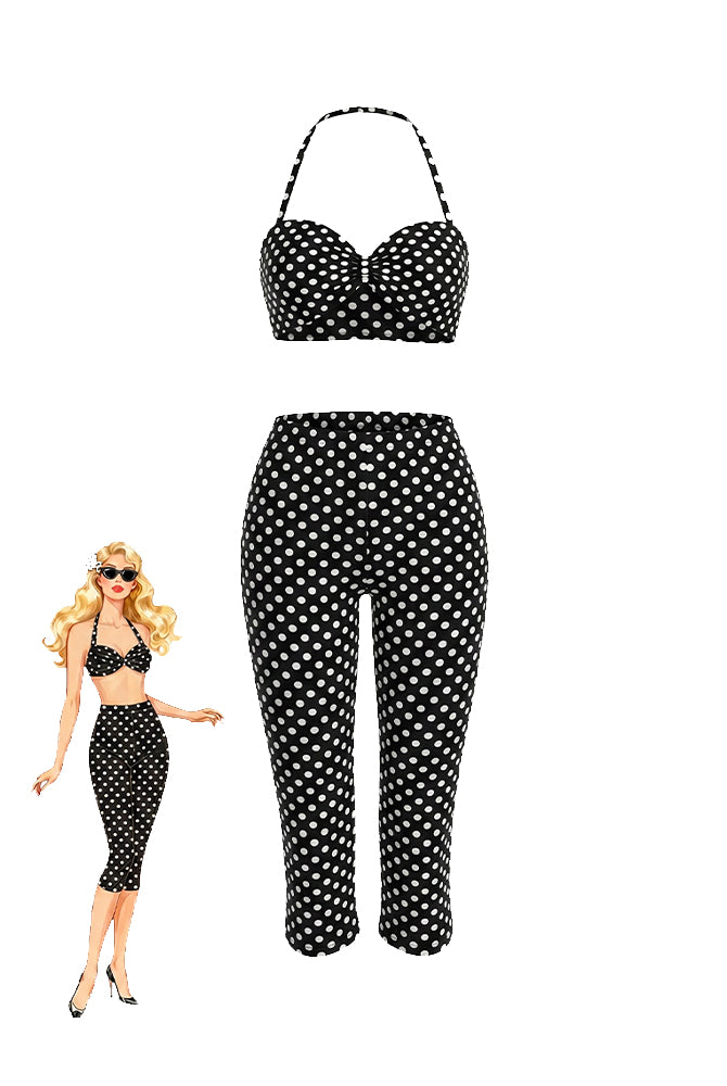 Black polka-dot halter crop top and high-waisted capri pants set