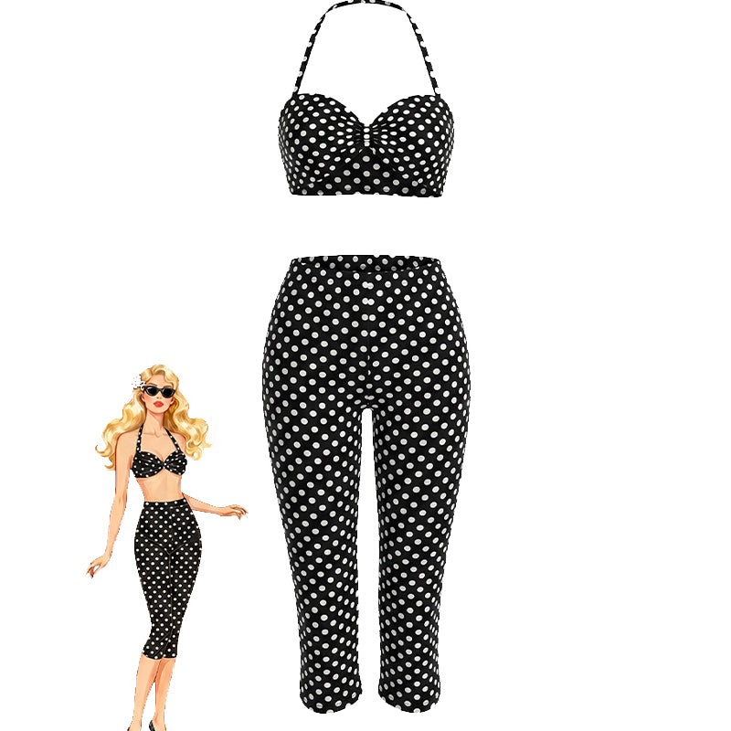Black polka-dot halter crop top and high-waisted capri pants set