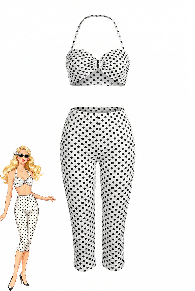 White polka-dot halter crop top and high-waisted capri pants set