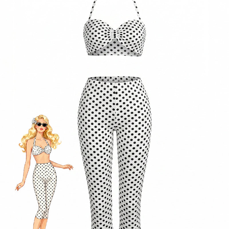 White polka-dot halter crop top and high-waisted capri pants set