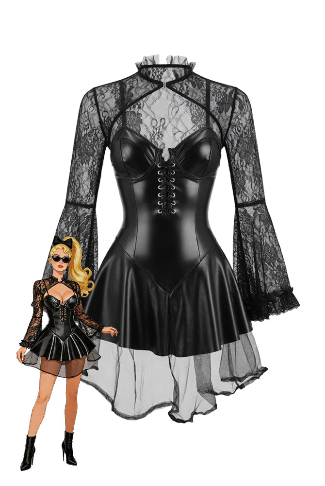 Black faux leather corset mini dress with lace long sleeves, corset lacing, flared hem