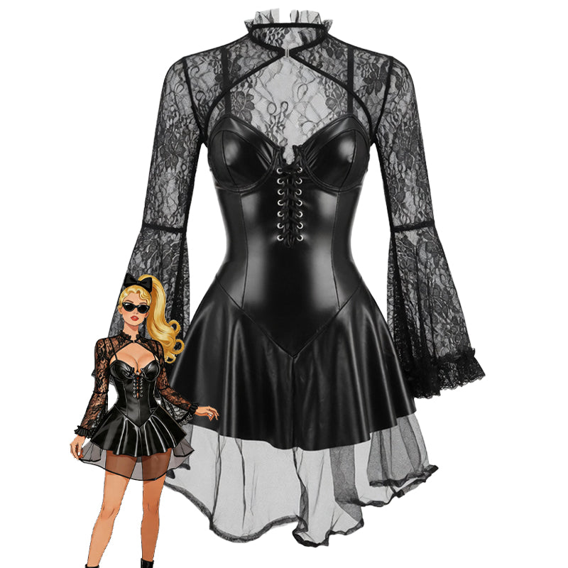 Black faux leather corset mini dress with lace long sleeves, corset lacing, flared hem