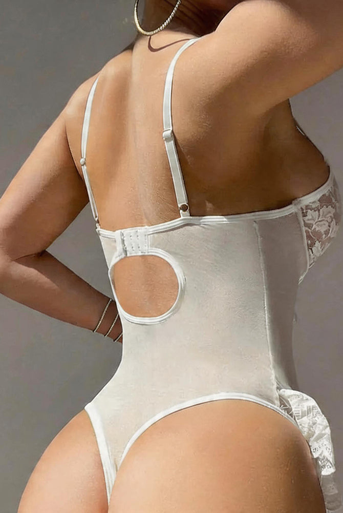 White lace corset babydoll teddy with open back and garter suspender straps