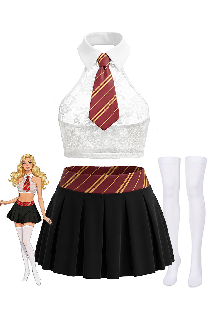 White lace halter crop top w/ striped necktie, black pleated mini skirt, white stockings