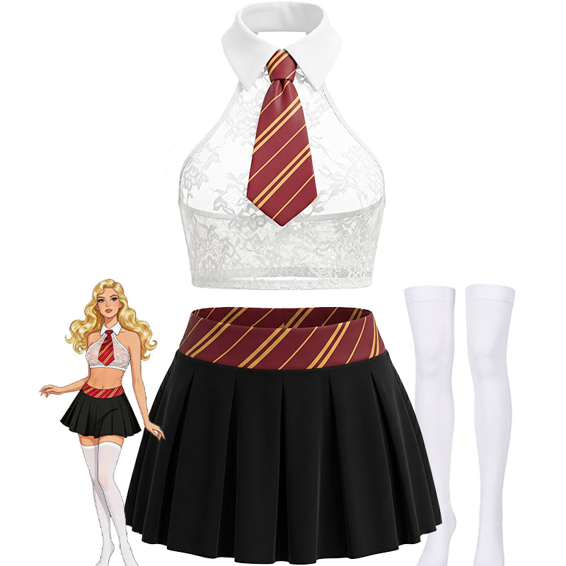 White lace halter crop top w/ striped necktie, black pleated mini skirt, white stockings