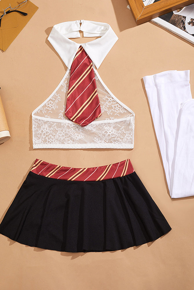 White lace halter crop top, red striped necktie, black pleated mini skirt, white stockings