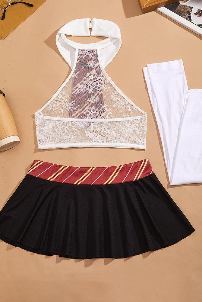 White lace mesh halter crop top, red striped necktie, black pleated mini skirt, stockings