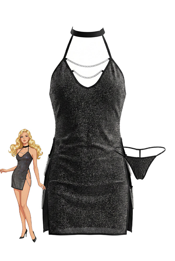 Black glitter halter mini dress with chain trim and matching thong, front view