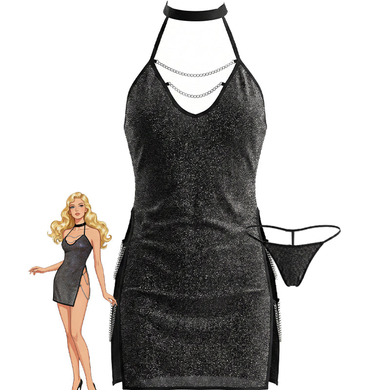 Black glitter halter mini dress with chain trim and matching thong, front view