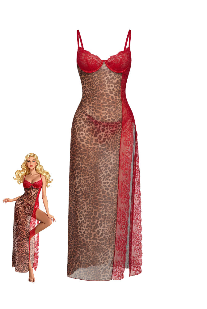 Leopard-print sheer maxi slip dress with red lace trim and underwire cups