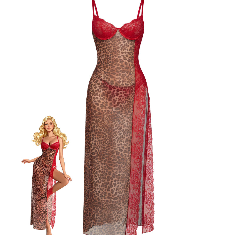 Leopard-print sheer maxi slip dress with red lace trim and underwire cups