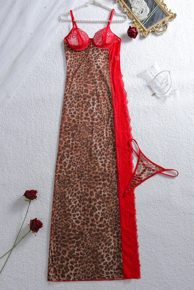 Leopard-print sheer maxi slip dress and red lace thong set with leopard pattern