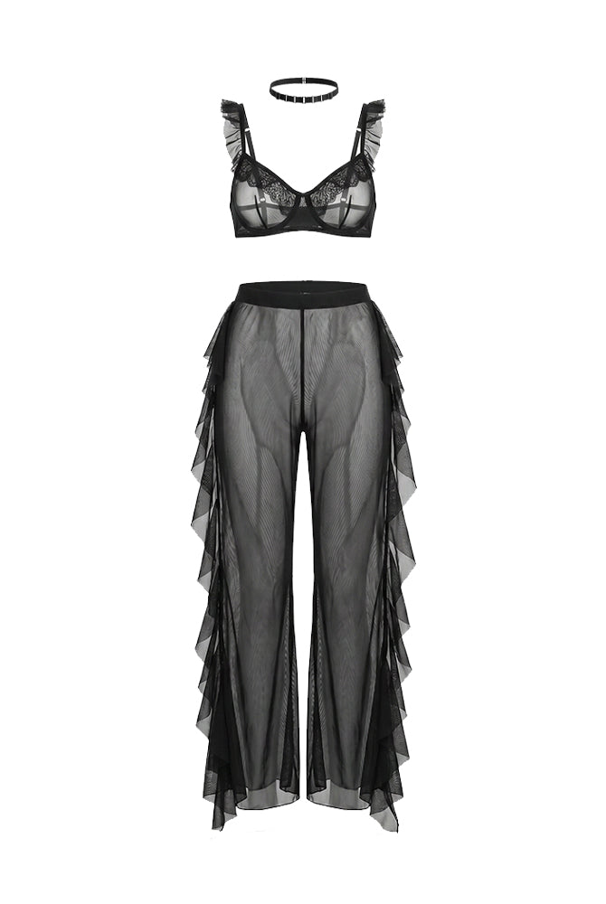 Black sheer ruffle lace bralette and mesh pants set with choker, flat lay