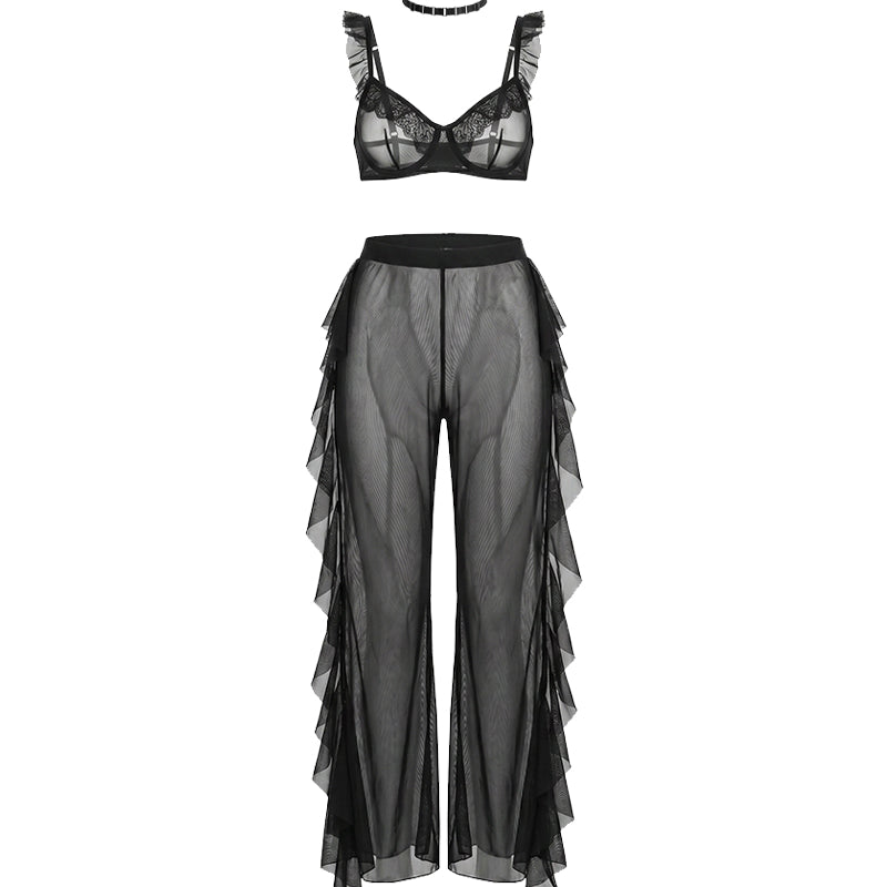 Black sheer ruffle lace bralette and mesh pants set with choker, flat lay