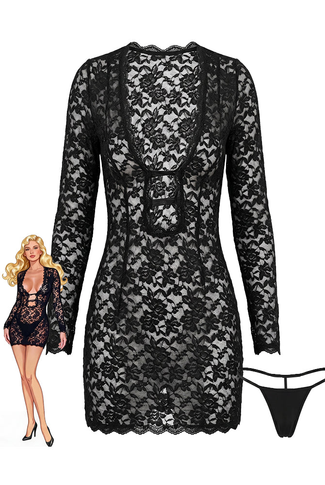 Black floral lace long-sleeve cutout mini dress and matching thong, back view