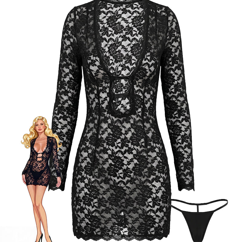Black floral lace long-sleeve cutout mini dress and matching thong, back view