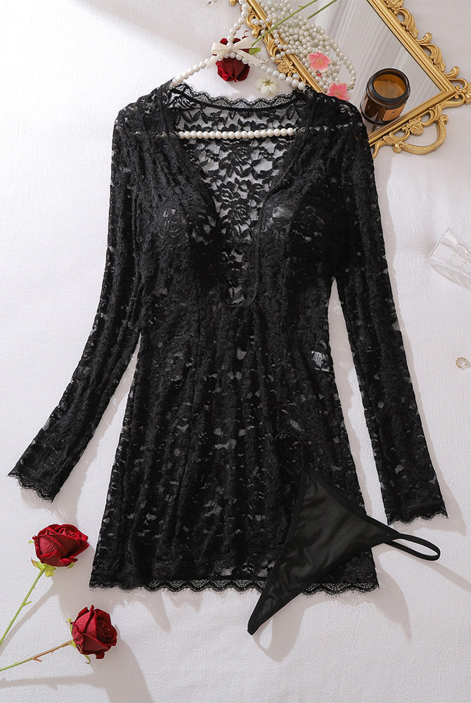 Black floral lace long-sleeve cutout mini dress with scalloped hem and matching thong