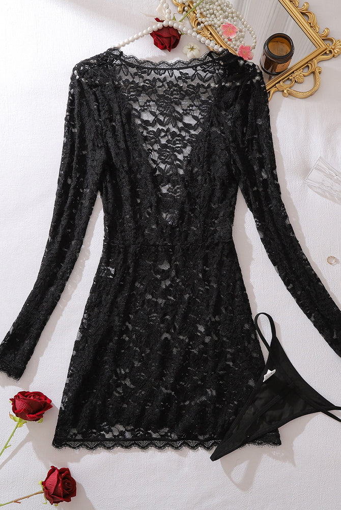 Black floral lace long-sleeve cutout mini dress with matching thong, flat lay