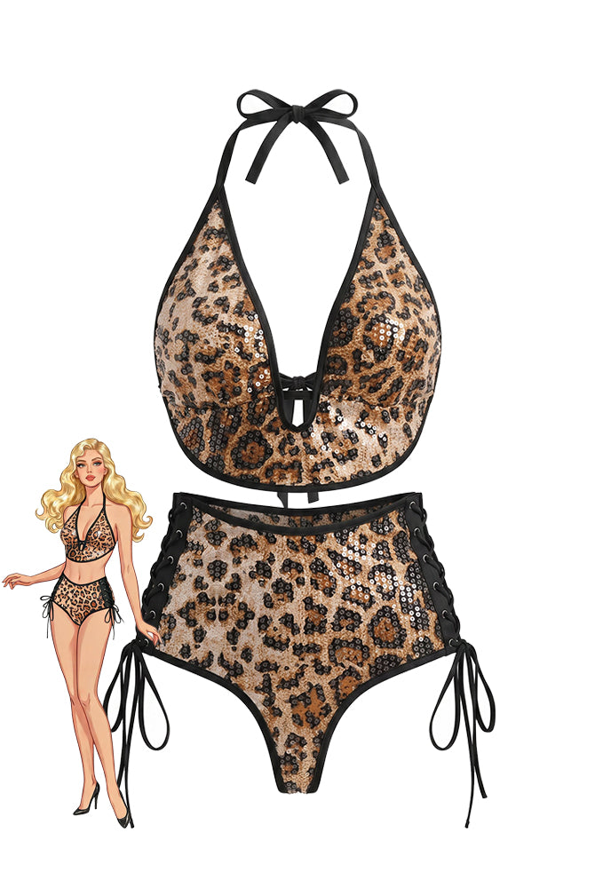 Leopard sequin halter bikini top with lace-up high-waist bottoms, bow tie