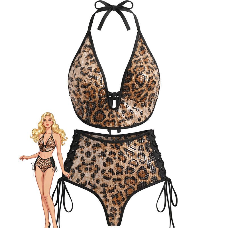 Leopard sequin halter bikini top with lace-up high-waist bottoms, bow tie