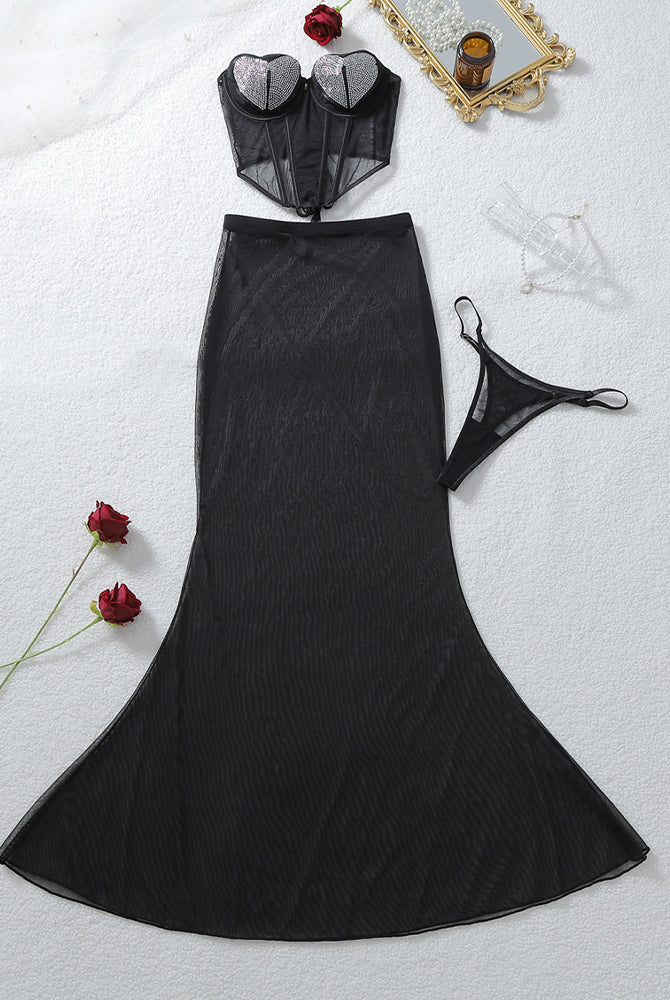 Black sheer mermaid skirt with rhinestone heart corset top and matching thong