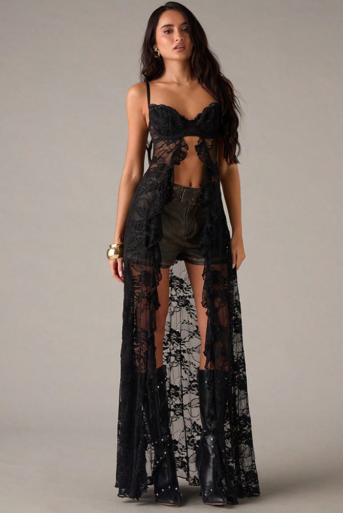 Black lace corset maxi dress with sweetheart bust and long sheer lace skirt overlay