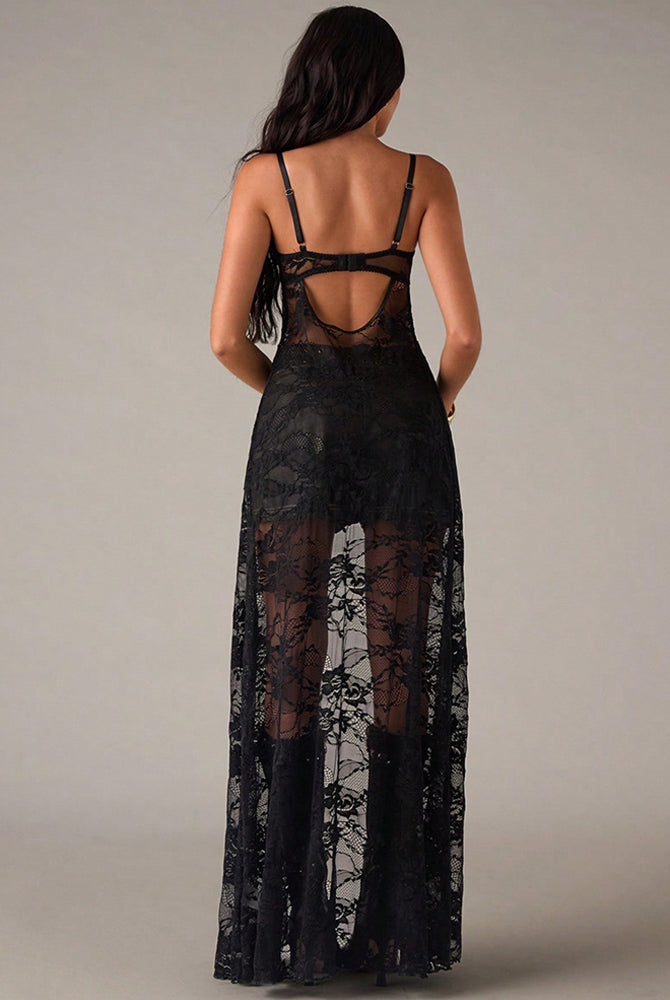 Black lace corset maxi dress with open back and long sheer lace skirt overlay