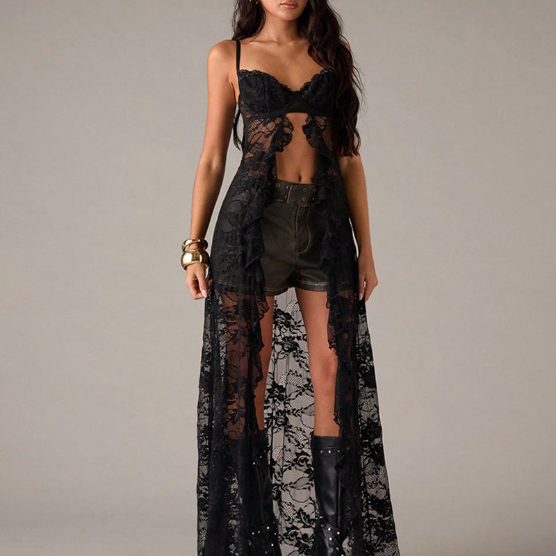 Black lace corset maxi dress with sweetheart neckline and sheer long overlay