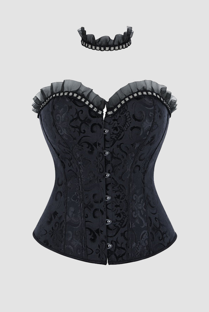 Black strapless corset top with lace-up front, jeweled button details, ruffled choker collar