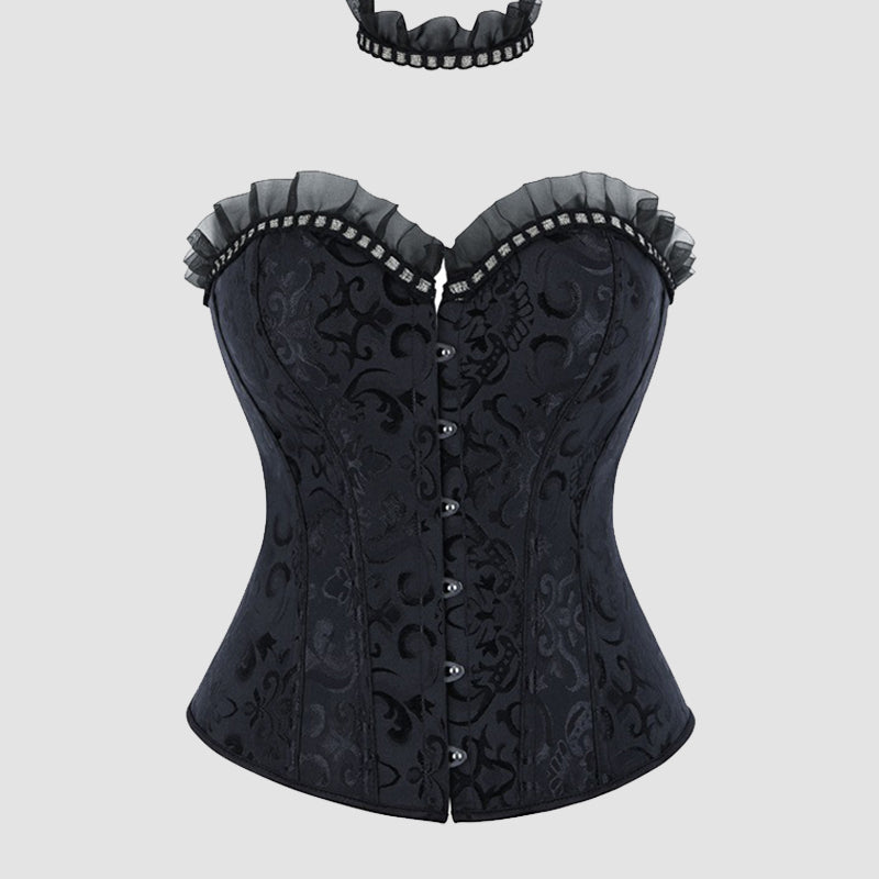 Black strapless corset top with lace-up front, jeweled button details, ruffled choker collar