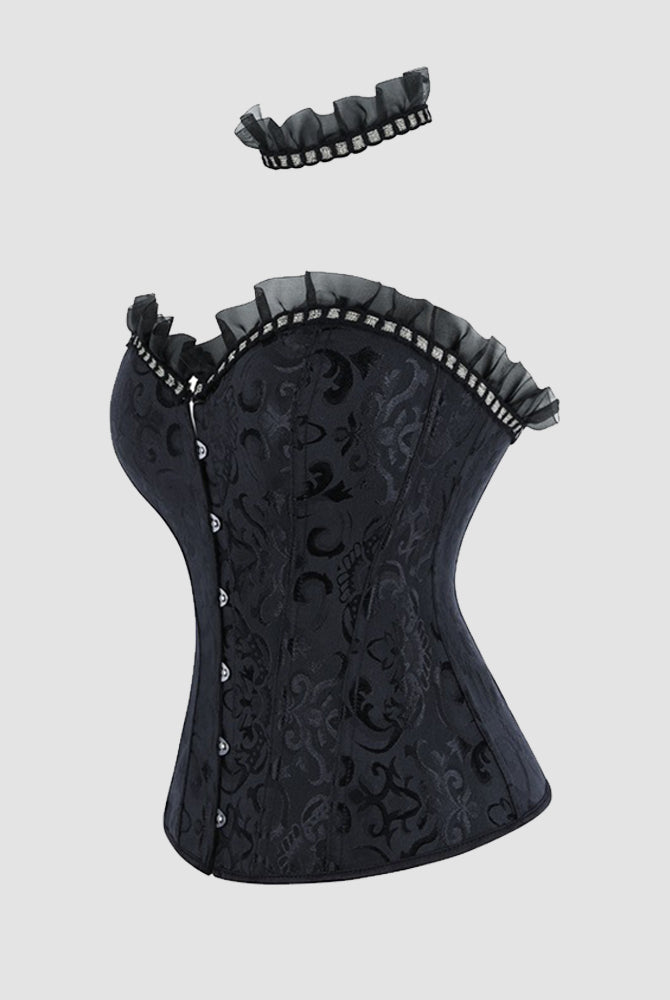 Black strapless corset top with side lace-up closure and ruffled choker collar trim