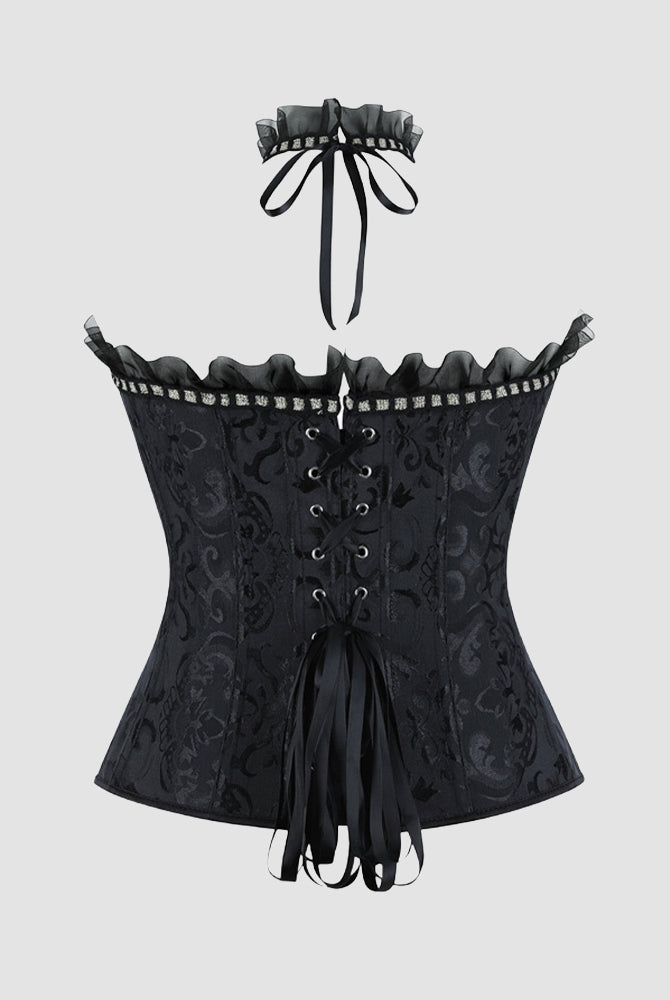 Black strapless corset top with lace-up front, ruffled neckline, bow tie choker