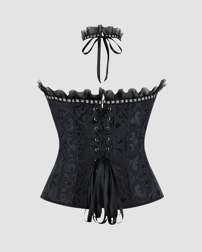 Black strapless corset top with lace-up front, ruffled neckline, bow tie choker